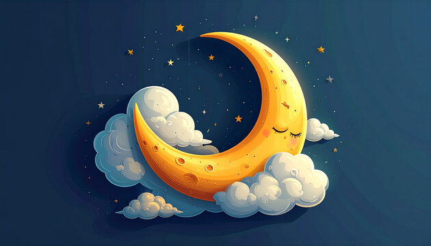 Smiling crescent moon on clouds in starry night sky