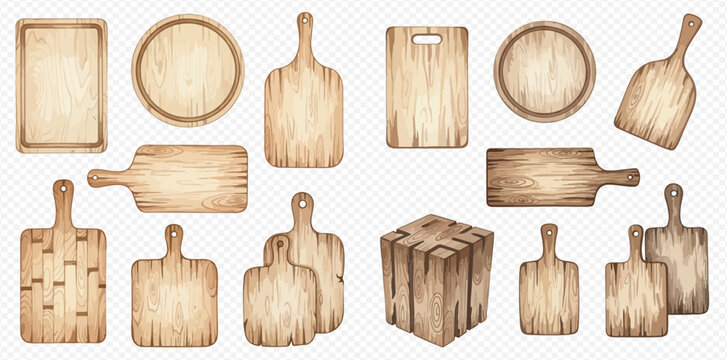 Collection of various wooden cutting boards, serving trays, and butcher blocks in different shapes and sizes, perfect for kitchen and food preparation.