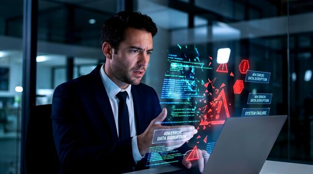 Serious Businessman Experiencing Data Disruption and System Failure Over Holographic Interface