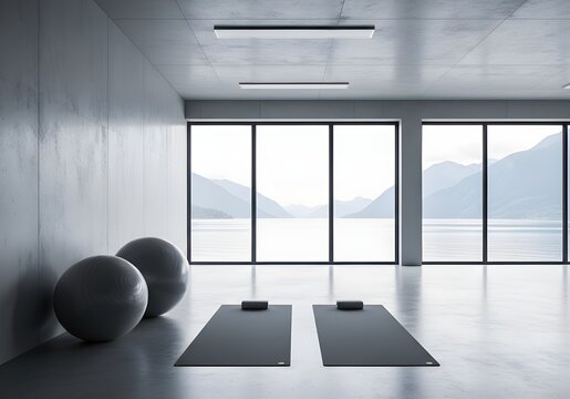 Minimalist fitness studio interior with exercise balls and yoga mats overlooking a serene lakeside mountain view