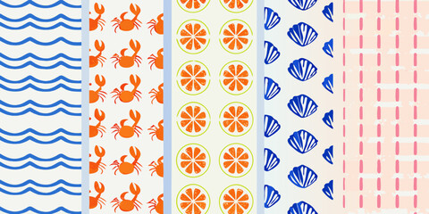nautical summer pattern with waves crabs oranges shells © Bijon