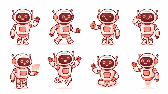 Cute Flat Vector Robots Collection Showing Various Poses and Actions, Including Waving, Walking, Thumbs Up, Saluting, Using Tablet, Jumping, Sitting, and Floating