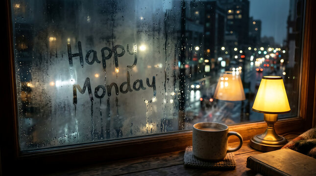 Happy Monday message on foggy window with warm lamp and coffee