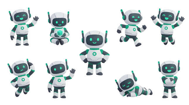 Cute Robot Character Collection with Nine Different Poses, Including Waving, Sitting, Running, Jumping, Thinking, and Relaxing, Flat Design Vector Illustration