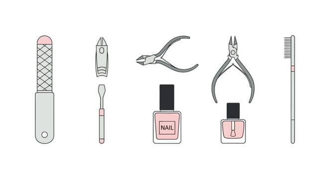 A collection of nail care tools and cosmetics arranged on a surface.