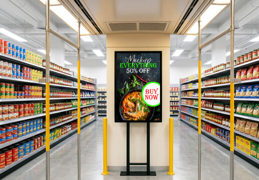 Vertical poster stand mockup inside modern grocery supermarket aisles