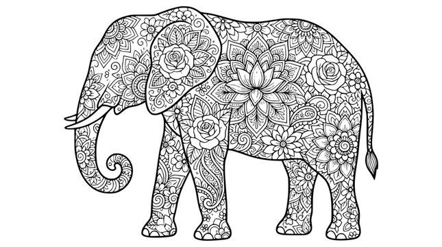 Intricate Floral Elephant Mandala Coloring Page for Adults