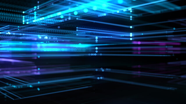 Abstract blue technology background featuring glowing digital pathways, perspective depth, network structures, and futuristic communication visuals for modern technology concepts.