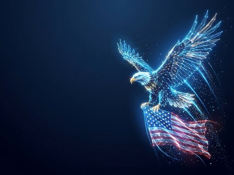 Flying eagle wireframe carrying american flag in digital space. flag day usa with wireframe patriotic technology innovation celebration national particle geometric. flag day usa