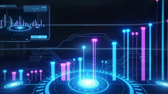 Neon graph data dashboard analytics hologram futuristic interface with rising charts, metrics, glowing visualization
