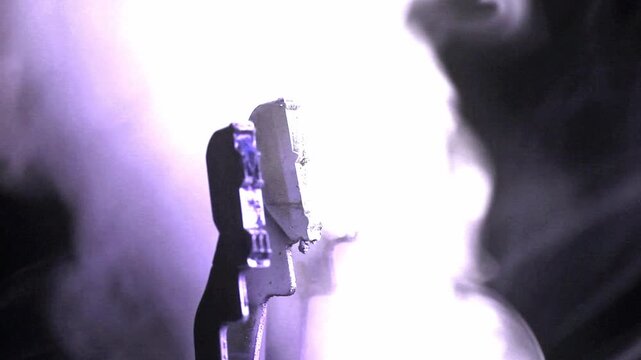 The word Magic with a vintage typewriter and purple smoke 