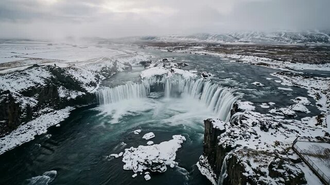 Spectacular aerial drone shot of mighty Godafoss waterfall in North Iceland during icy winter day. Famous landmark, Untouched arctic landscape