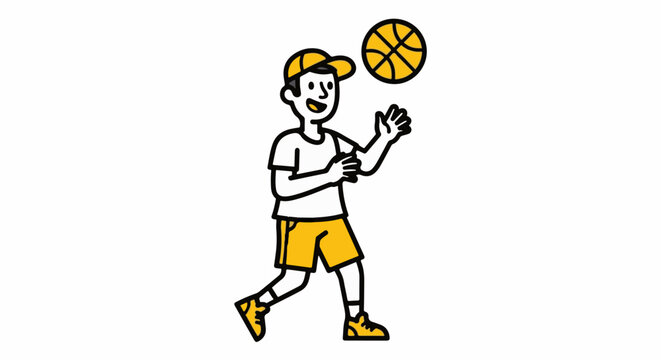 Cartoon boy happily playing with a basketball outdoors.