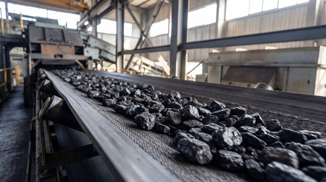 Raw coal rocks moving on a conveyor belt in a large industrial mining or power plant facility