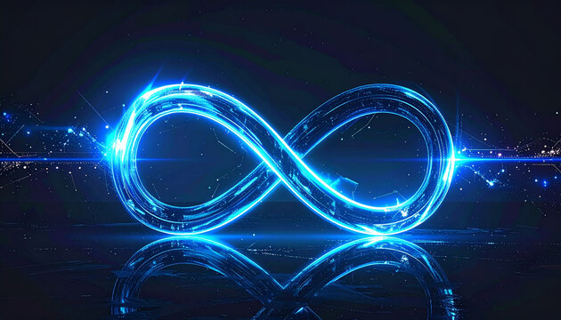 Glowing blue infinity symbol on dark background with futuristic technology effect