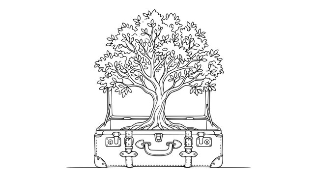 Tree growing in an open vintage suitcase line art illustration