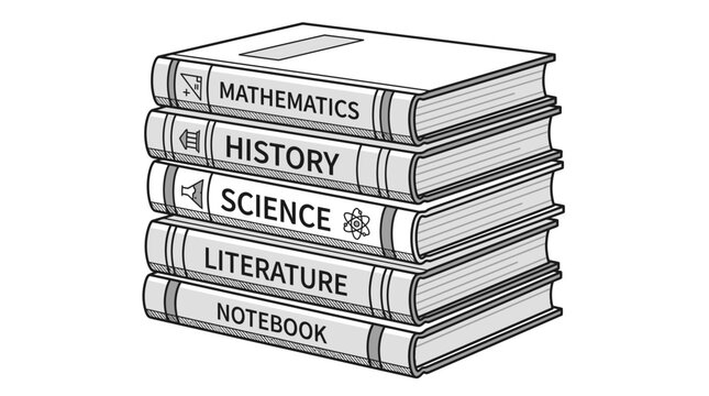 Stack of school books illustration with mathematics, history, science, literature, and notebook