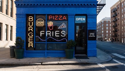 Fototapeta premium Exterior facade of a blue diner with neon signs for burger and pizza, restaurant