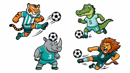 Obraz premium Cute Cartoon Animal Soccer Players, Tiger, Lion, Rhinoceros, Crocodile, Playing Football, Isolated on White Background, Vector Illustration