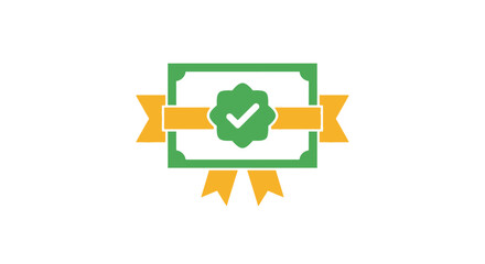 Fototapeta premium A green certificate icon with a yellow ribbon and a checkmark symbol