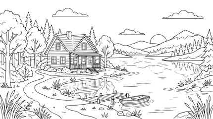 Obraz premium Lakeside Mountain Cabin Landscape Coloring Page for Adults and Kids