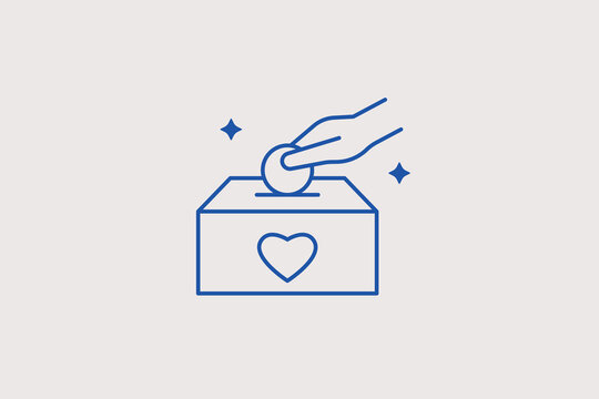 Hand inserting coin into box line icon for cash fundraising events, church tithing, or local community funds. Vector illustration of a money box with a heart for physical donations.