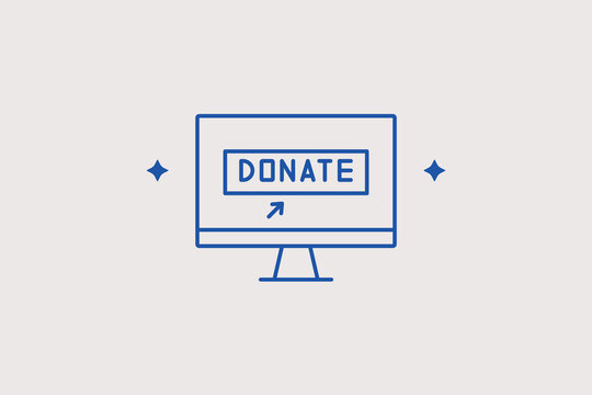Online donation button line icon for crowdfunding web interfaces, charity fundraising sites, or non-profit apps. Vector illustration of a desktop monitor with a donate tab for fast payments.