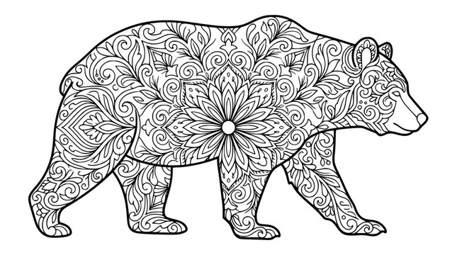 Mandala Bear Coloring Page for Adults Ornate Animal Line Art