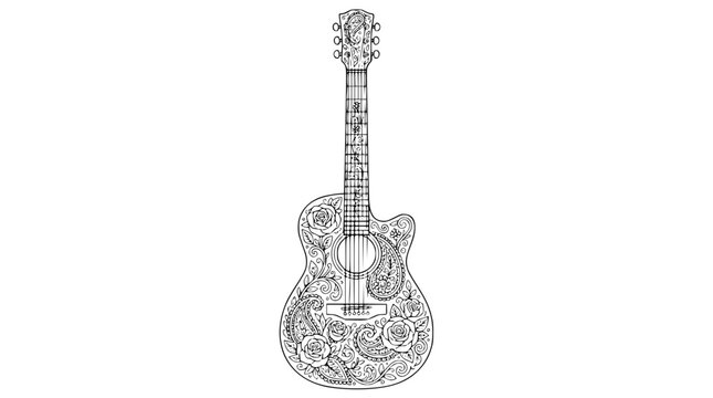 Ornate acoustic guitar illustration with rose and paisley patterns for coloring page