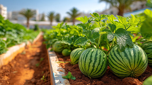 Fresh watermelons growing in a soil garden bed on a sunny day with watermelon agriculture plantation