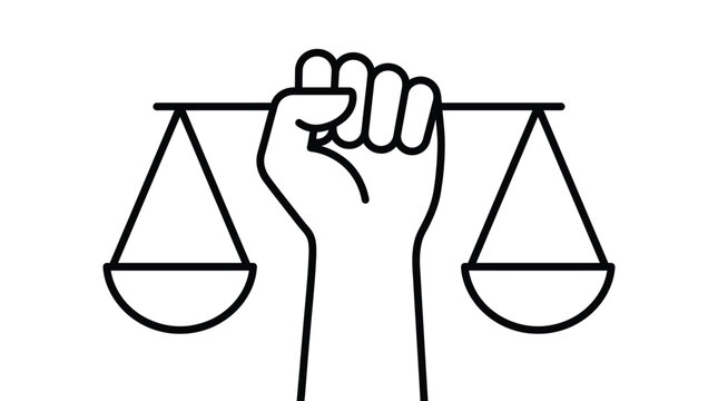 A powerful fist holds the scales of justice symbolizing fairness and equality in legal proceedings