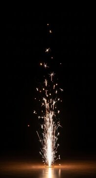 Vertical fountain of bright white and golden sparks erupting from a base on a flat surface, creating trails of light and star-shaped embers against a solid dark black background.