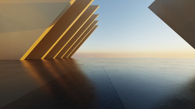 Abstract architecture background, Concrete structure building is on empty cement floor, Scene for car presentation, Modern Exterior, 3D rendering