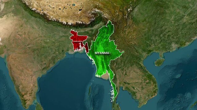 Animated map highlighting the geographical borders of Bangladesh and Myanmar in a vibrant motion video