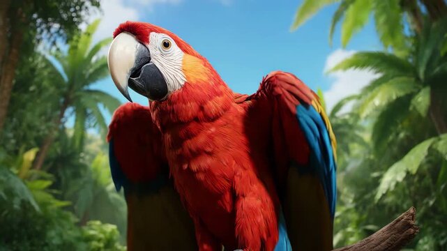 Scarlet macaw sitting peacefully in a vibrant tropical jungle