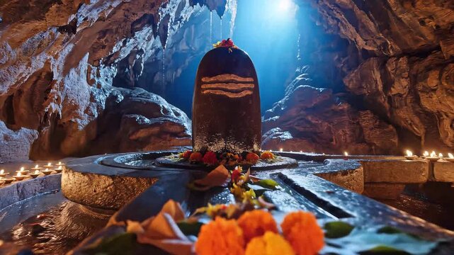 Sawan Shivratri celebration with sacred Shiva Lingam and lamps in a mystical cave