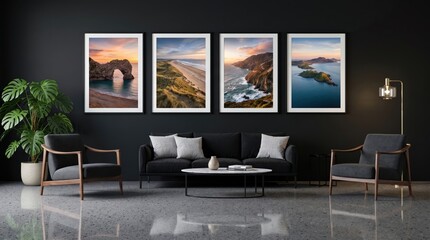 Fototapeta premium Modern living room with dark walls, sleek black sofa, armchairs, minimalist coffee table, large plant, and four scenic landscape framed photos.