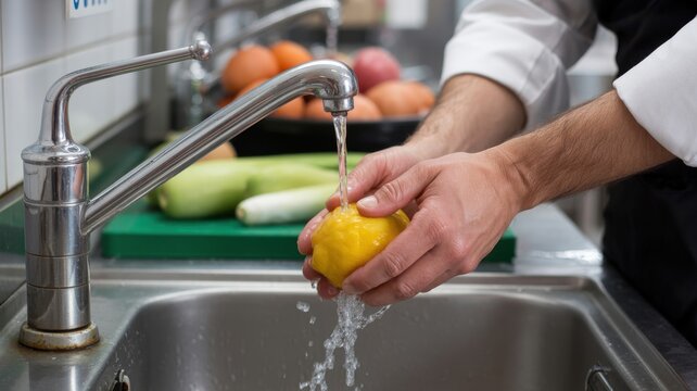 Person washing fruits and vegetables in a commercial kitchen sink
