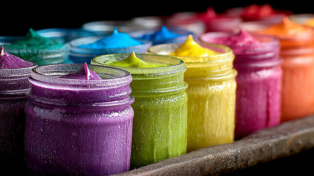 Assorted jars of colorful face paints or cosmetics with cosmetics assortment collection colorful