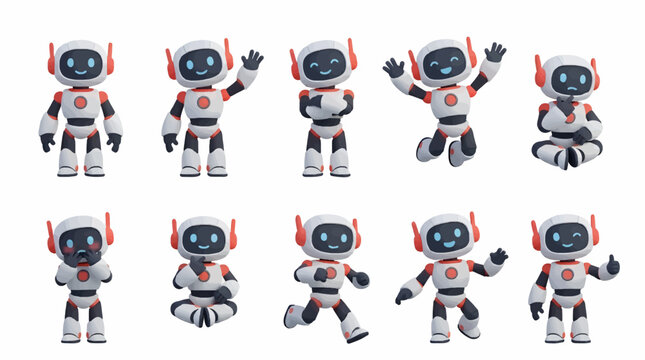 Cute Robot Character Collection with Nine Different Poses and Expressions, 3D Illustration