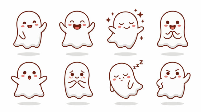 Cute Cartoon Ghost Characters with Various Expressions, Happy, Sleeping, Surprised, Shy, and Waving, Flat Design Illustration