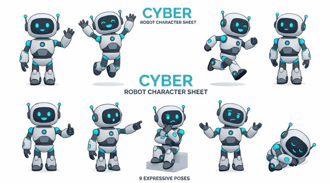 Cute Cyber Robot Character Sheet with Nine Expressive Poses, Flat Design Illustration, Waving, Jumping, Running, Thinking, Thumbs Up, Pointing, Sad and Sleeping