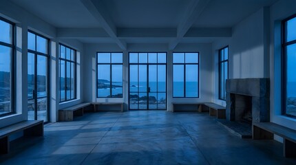 Fototapeta premium Modern minimalist empty room with ocean view, industrial concrete interior with large windows, luxury coastal villa living space at twilight