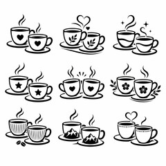 Fototapeta premium Nine black and white of coffee cups with decorative patterns and steam