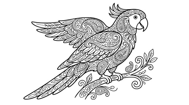 Detailed Mandala Cockatoo Parrot on Branch Adult Coloring Page