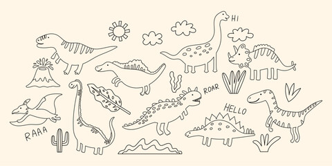 Beige Outline Cute Dinosaur Set Clipart. Line Dino Animal Kit. Doodle Dinosaur Collection for Color Page Book. Vector Handdrawn Illustration © Anna Drozdova