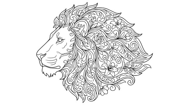 Lion Head with Floral Mane Coloring Page Illustration
