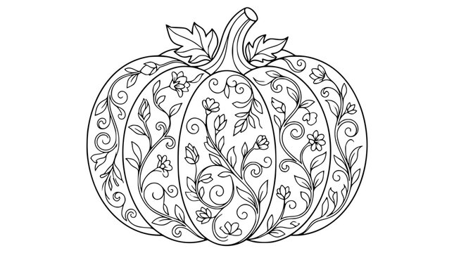 Ornate Autumn Pumpkin with Floral Patterns Coloring Page for Adults