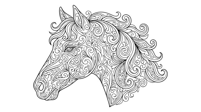 Ornate Horse Head Zentangle Line Art Illustration for Adult Coloring Book