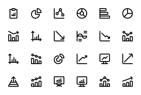 Charts_8312 icon set. Business graphs vector pack. Minimal line icons. Includes bar, pie, line charts, diagram, analytics, growth, loss, profit, pyramid, presentation and more.